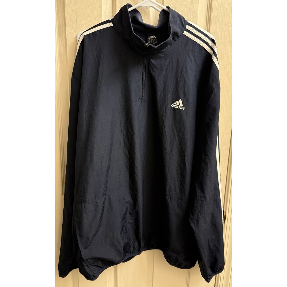 Adidas Navy Blue White Stripes 1/4 Zip‎ Pullover Windbreaker men's size 2XL EUC